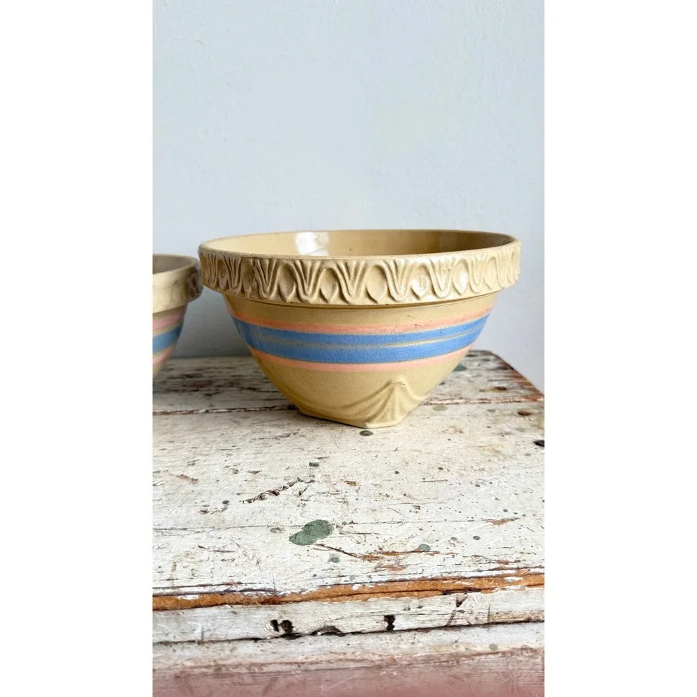 Vintage USA Yellowware Mixing Bowl Set Pastel Blue Pink Stripes 2pc